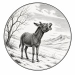 یه عکس برام طراحی کن واسه کتابم. در مورد اینکه خری در زمستان سردی ناله میکند و ناراحت است. سیاه‌وسفید مناسب چاپ کتاب سبک حکاکی کلاسیک (مثل تصویرسازی کتاب‌های قدیمی) خطوط ظریف و تمیز بدون شلوغی زیاد و در قالب دایره باشه.