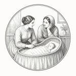 یه عکس برام طراحی کن واسه کتابم. در مورد اینکه دو زن کنار گهواره به کودک نگاه میکنند و صحبت میکنند. سیاه‌وسفید مناسب چاپ کتاب سبک حکاکی کلاسیک (مثل تصویرسازی کتاب‌های قدیمی) خطوط ظریف و تمیز بدون شلوغی زیاد و در قالب دایره باشه.