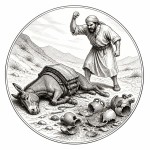 یه عکس برام طراحی کن واسه کتابم. در مورد اینکه یک الاغ خسته به زمین افتاده و ظرف های سفالی هم افتاده و شکسته اند و مردی آنجا خشمگین هست. سیاه‌وسفید مناسب چاپ کتاب سبک حکاکی کلاسیک (مثل تصویرسازی کتاب‌های قدیمی) خطوط ظریف و تمیز بدون شلوغی زیاد و در قالب دایره باشه.