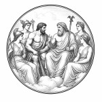 یه عکس برام طراحی کن واسه کتابم. در مورد اینکه هرکول و ژوپیتر در کنار دیگر خدایان رومی باهم صحبت میکنند. سیاه‌وسفید مناسب چاپ کتاب سبک حکاکی کلاسیک (مثل تصویرسازی کتاب‌های قدیمی) خطوط ظریف و تمیز بدون شلوغی زیاد و در قالب دایره باشه.