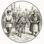 یه عکس برام طراحی کن واسه کتابم. در مورد اینکه پیر مرد و پسرش الاغ را به میله ای بسته اند و در شهر راه میروند و مردم انها را مسخره میکنند. سیاه‌وسفید مناسب چاپ کتاب سبک حکاکی کلاسیک (مثل تصویرسازی کتاب‌های قدیمی) خطوط ظریف و تمیز بدون شلوغی زیاد و در قالب دایره باشه.