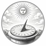 یه عکس برام طراحی کن واسه کتابم. در مورد اینکه یک ساعت خورشیدی و خورشید در تصویر وجود دارد. سیاه‌وسفید مناسب چاپ کتاب سبک حکاکی کلاسیک (مثل تصویرسازی کتاب‌های قدیمی) خطوط ظریف و تمیز بدون شلوغی زیاد و در قالب دایره باشه.