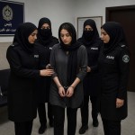 یک زن ۳۰ ساله طراحی کن‌ که به دستش دستبند پلیس خورده و چهارنفر پلیس زن با حجاب کامل اس