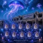ترکیب عروس دریایی با رنگ آبی، بنفش، عکس مدرسه ی موشک خورده میناب و ده دختر شهید