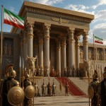 تصویری از ایوان هخامنشی با شکوه در تخت جمشید در دوران ایران باستان با حصور سربازان هخامنشی