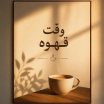 یک پوستر مینیمال برای کافه با نور گرم و نوشتهٔ «وقت قهوه